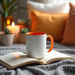 Mug mockup a white and orange mug sitting on an open book on a gray blanket with pillows and plants behind it