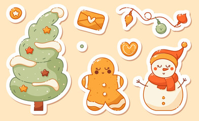 Christmas stickers with a cute snowman, xmas tree, star, cookie, envelope with a heart and a garland.