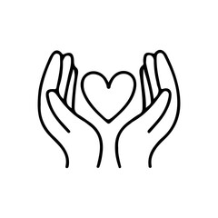 Obraz premium Line art of two hands holding a heart. Concept for care, support, mental wellness, love and emotional safety. Vector black outline.-1