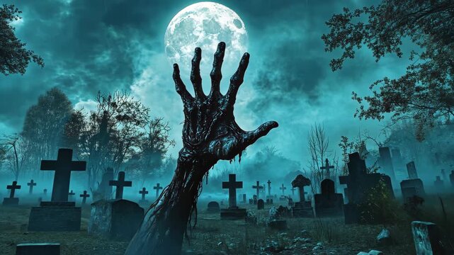Zombie Hand Emerging from Grave at Full Moon