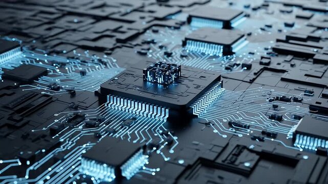Closeup of a complex computer circuit board with glowing blue lines