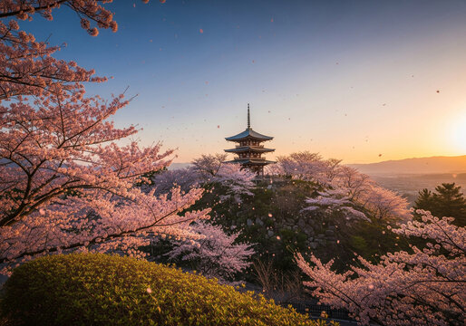 Pagoda on a hilltop at sunset with sakura petals in the wind