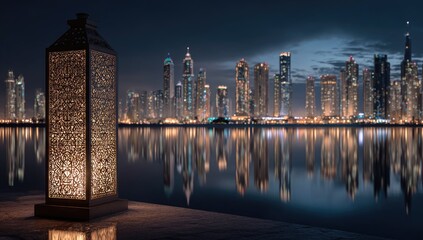 Night city skyline reflected in still water, lit lantern