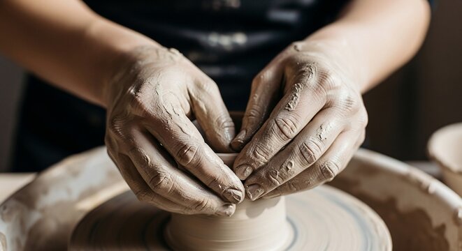 Hands shaping clay on a pottery wheel, the art of shaping clay into beautiful pottery