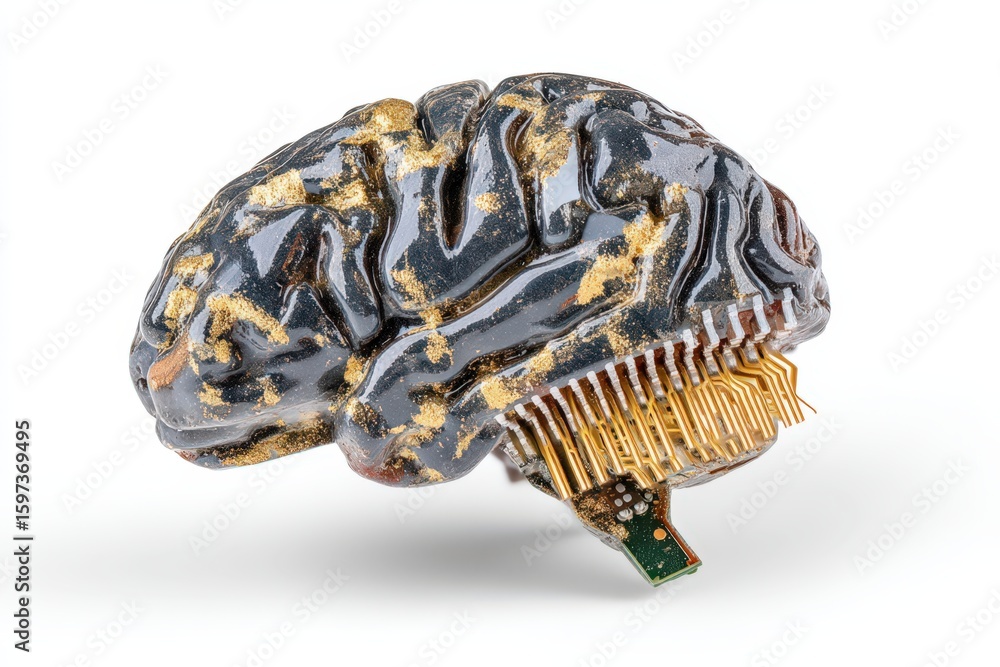 Aufkleber intricate fusion of technology and neuroscience showcasing a gold-enhanced brain sculpture with digi