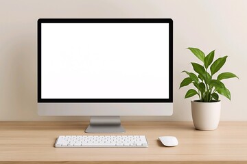 Fototapeta premium Stylish iMac Style Setup with Green Plant on Wooden Desk
