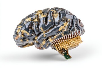 Intricate Fusion of Technology and Neuroscience Showcasing a Gold-Enhanced Brain Sculpture with Digital Circuitry Representing Innovation and Cognitive Evolution