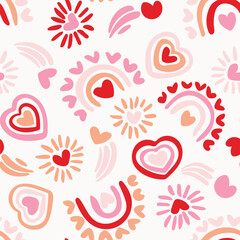 Cute hand painted rainbows and hearts as a maximalist romantic pattern in colors of pink, peach and red on off white background, Valentine’s Day seamless vector pattern. Great for home decor, fabric.