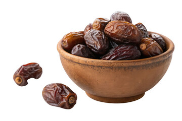 Obraz premium A rustic clay bowl filled with ripe dates and some loose dates scattered around isolated on transparent background