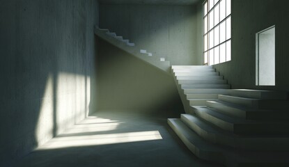 Obraz premium Empty concrete hallway with stairs and large window