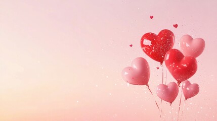 Colorful Heart-Shaped Balloons Floating Against Soft Pink Background