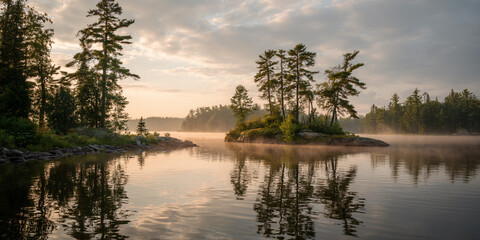 Obraz premium Serene Landscape Morning Mist Lake Reflection Trees Island Nature Sunrise Sky Clouds Tranquil Wilderness Scenic Adventure Forest Wildlife Summer Travel Idyllic Scenery Environment Botanic Journey