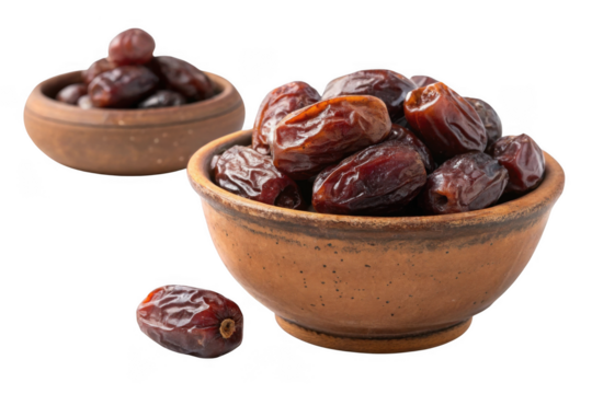 Two bowls of ripe medjool dates and one date isolated on transparent background