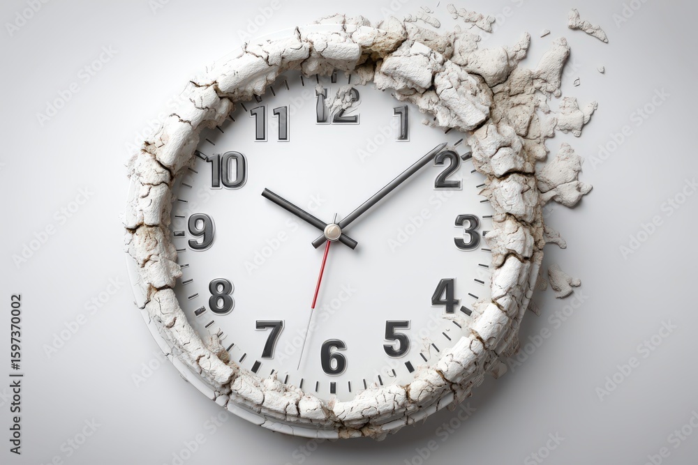 Poster unique timepiece displaying cracked surface emphasizing urgency and the relentless nature of time ca