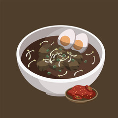 Indonesian food flat vector illustration. Rawon or East Javanese meat soup with kluwek drawing.