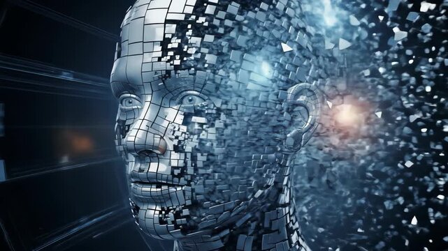 Advanced Digital Human Face Disintegrating into Geometric Pixels, Artificial Intelligence and Data Concept