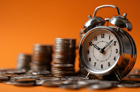 Silver alarm clock on pile of coins, orange background. Concept time is money. Time management deadline urgency savings finance business investment profit success.