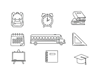 Back to School Vector Icon Set on white background, clean outline style. Includes: backpack, pencil, books, chalkboard, calendar, alarm clock, ruler, bus, notebook, student cap. Minimal, adjustable li