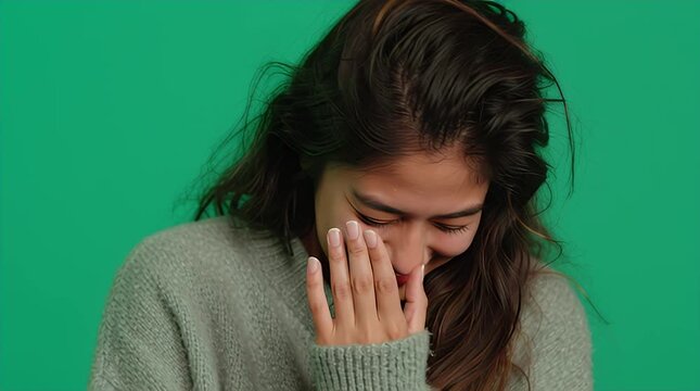 Young person shows shy smile with hand on cheek in front of green screen for bashful emotional reaction video