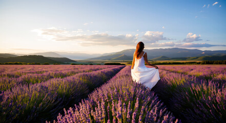 A woman in a white dress sitting in a lavender field.