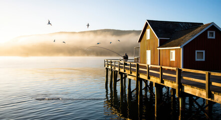 A man fishing on a pier in the middle of a lake.