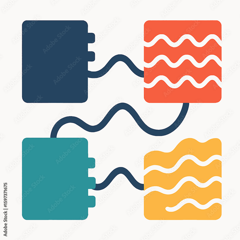 Poster abstract representation of interconnected data blocks and information flow, symbolizing network or s