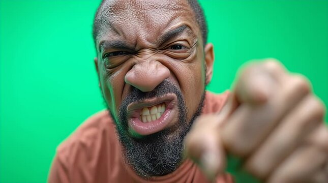 Extreme close-up of furious man pointing with angry expression on vibrant green screen for dramatic reaction clip
