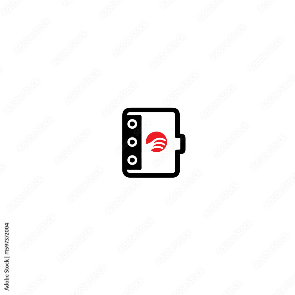 Poster a simple stylized black and red icon of a notebook with a logo on it shown