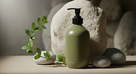 Natural skincare product displayed with smooth stones and lush greenery