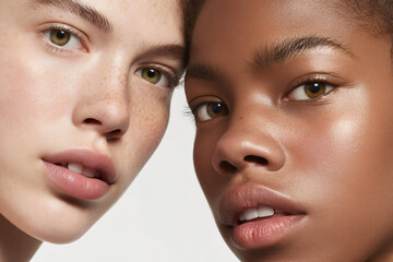 Beauty Faces Diversity: Female Youth Radiant Skin Portraits with Natural Makeup, Realistic Expressions, Smooth Skin Texture, Multicultural Ethnicity Glow, Harmony Friendship Vibrancy, Social Trends