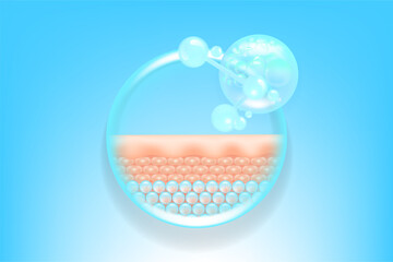 Hyaluronic acid and Niacinamide skin solutions ad, blue collagen serum drops into skin cell with cosmetic advertising background ready to use, illustration vector.	