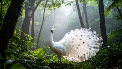 Albino peacock ethereal plumage amid verdant forest