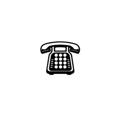 A simple black and white illustration of a classic rotary dial telephone