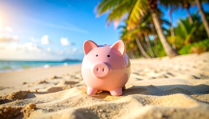 Pink piggy bank on a tropical beach