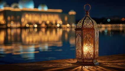 Ornate lantern by a reflecting pool at night, mosque in the background