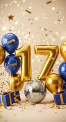 Golden seventeenth birthday celebration with balloons and gift boxes
