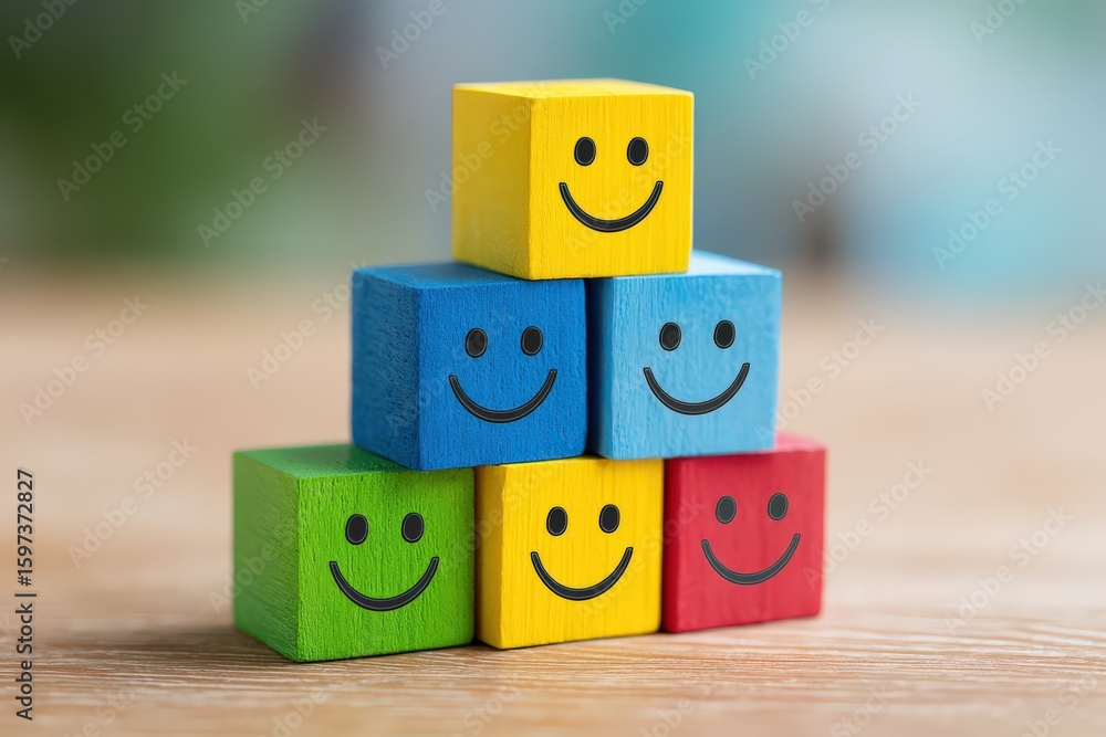 Aufkleber colorful wooden blocks stacked in a cheerful arrangement each adorned with a smiling face symbolizin
