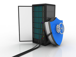 3d illustration Data center server protection shield key