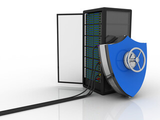 3d illustration Data center server protection shield key