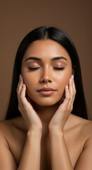 Serene beauty portrait with relaxed expression and peaceful calm