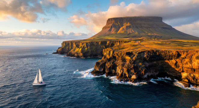 A sailboat sailing in the ocean near a rocky cliff. - Powered by Adobe