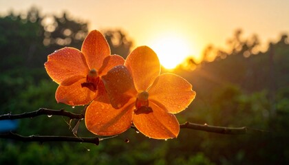 Golden orchids kissed by sunrise dew