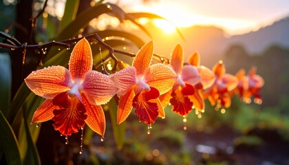 Sunkissed orchids dripping with morning dew