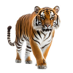 Obraz premium Majestic bengal tiger walking forward with intense gaze captured in full body view isolated on transparent background