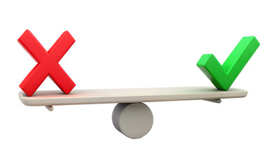 3d illustration rendering of isolated transparent scale with cross and right tick mark. Concept of decision making