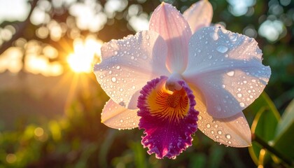 Dewkissed orchid glowing in golden light