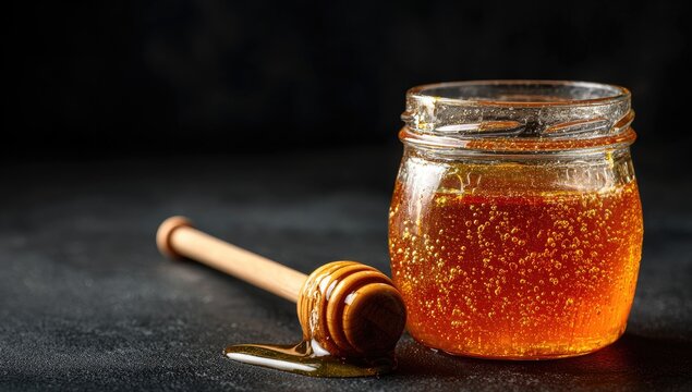 Honey in a glass jar with wooden dipper on dark surface
