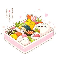 Bento box with cute sushi and kawaii rolls with smiling face and pink cheeks. Lunchbox set with healthy japanese traditional cuisine dishes. Takeaway homemade snacks. Vector illustration EPS8