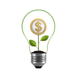 3d illustration rendering of isolated transparent sprout with $ in bulb icon