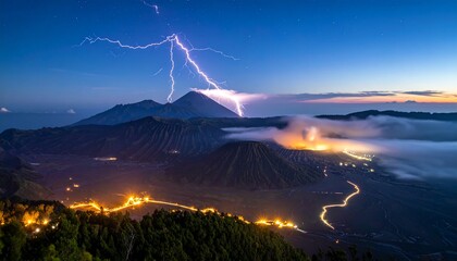 Jagged lightning illuminates a volcanic panorama